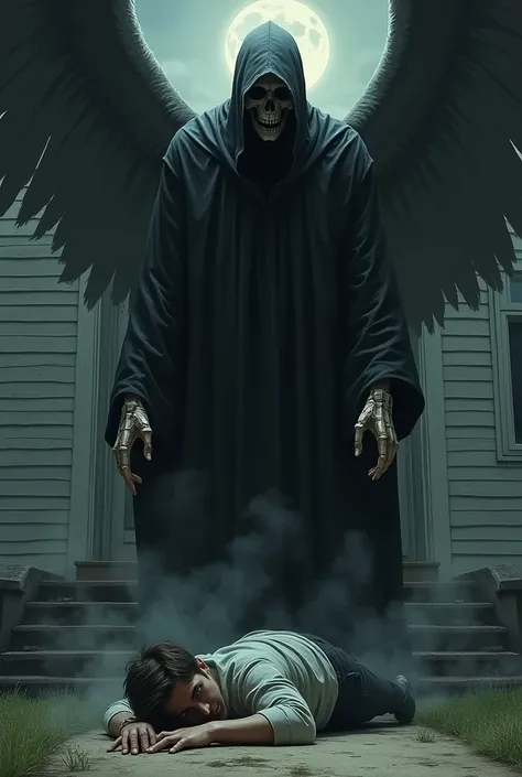 The angel of death pricked next to the young man lying in front of the house