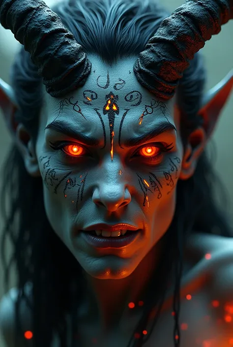 Create a close-up of a demonic figure with a sinister and mystical appearance. The characters skin is textured with a rough, grayish-blue tone, covered in glowing red and black runes, mystical symbols, and ancient inscriptions etched deeply across the face...