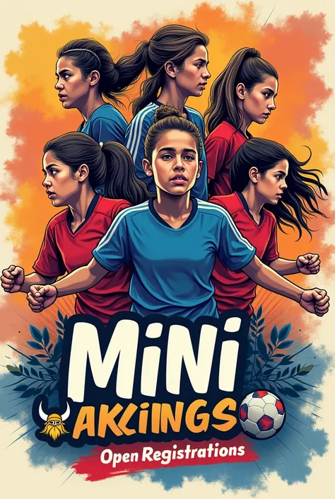 Create a poster that says :  womens futsal school under 12-14 with the name mini vikingas on the top and that says open registrations on the bottom
