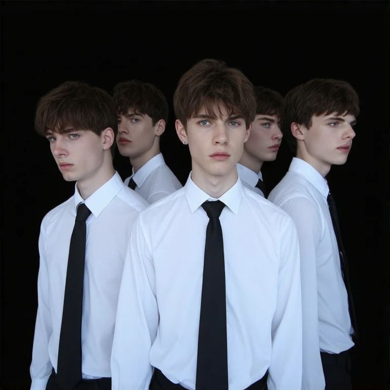  A group of teenagers all with very fair skin , brown hair,  dressed in white shirts and a black tie, in a dark futuristic environment ,  and they seem to be controlling their minds. 