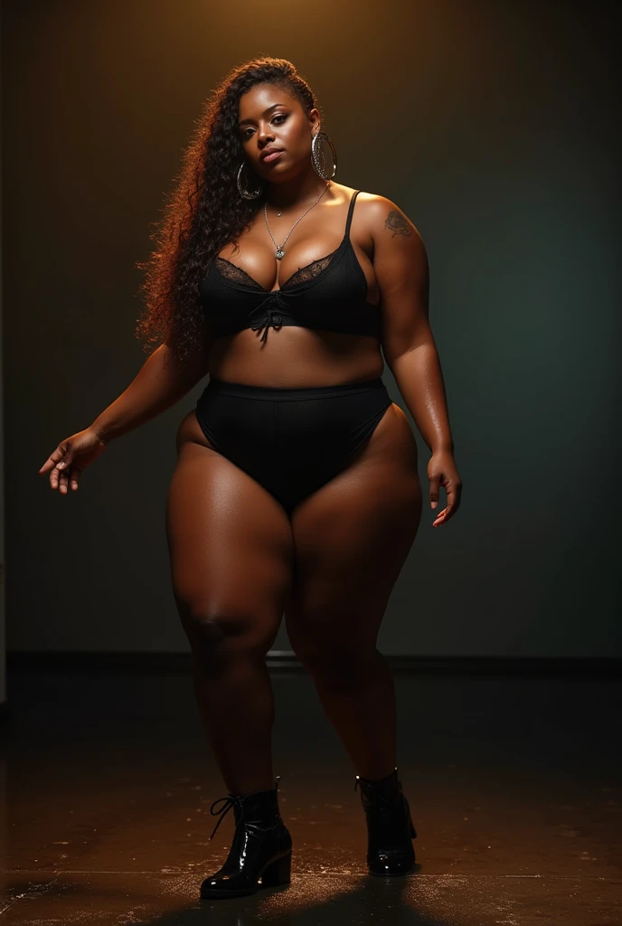 a plus-size sexy Jamaican woman with sensual expression, w earing,black bra and panties, hoop earrings ,dancing seductively in boots, wet with water on her dramatic lighting, cinematic composition, photorealistic, 8k, masterpiece