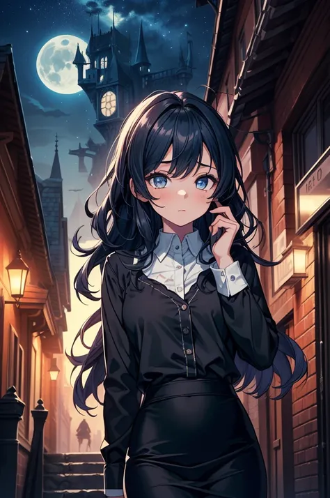 ((masterpiece, best quality:1.3, high detail)), (1girl), beautiful woman, bright eyes, looking at viewer, (sleepy), tired, long wavy hair, (dark blue hair), ((white collar shirt long sleeves)), (long black pencil ((skirt))), slim body, gothic, castle, city...