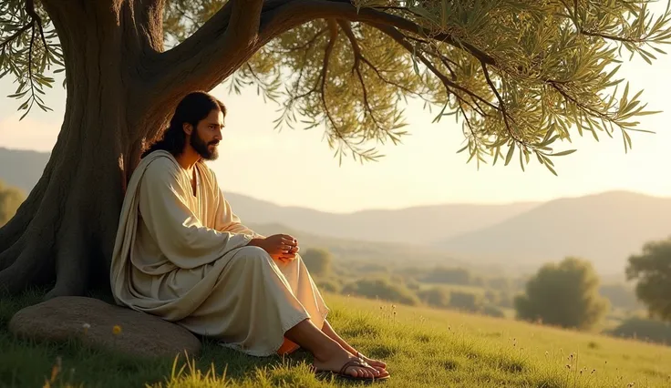 Image of Jesus seated near an olive tree  