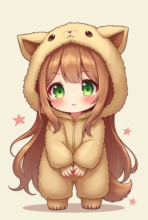 long light brown hair with freckles, and green eyes, in a furry suit in a simple kawaii artstyle