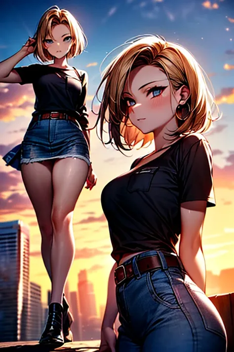 Android 18, Android 18, blonde hair, Blue eyes, eyelash, hoop earrings,  short hair, earrings, BREAK belt,  black leg clothing, black shirt, breast pocket, neckline, clavicle, denim, denim skirt, high-waist skirt, jewelry, long sleeve, pocket, shirt, shirt...