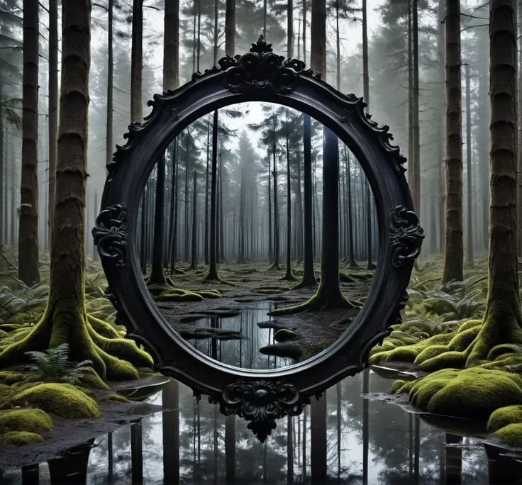  A dark and gray forest with an ancient mirror as if it were a portal to hell,  a  looking in the mirror , giant mirror ,  on the forest floor we have the reflection of everything that appears above , very realistic, sombrio,  REAL AND SCARY ,  Sleek and d...