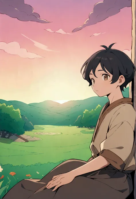 "An adult black male character with short, curly black hair and light brown eyes, inspired by the art style of Studio Ghibli. The character should have a calm, wise expression, exuding a sense of maturity and quiet strength. He is dressed in a simple, rust...