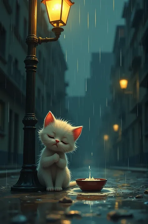 "A lonely kitten sitting under a streetlight in the rain, its fur soaked, with a small bowl of spilled milk nearby."
