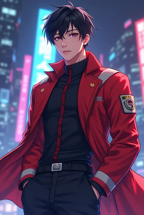  I would like .. anime..4k ... is an adult man ... with short black hair ..unfurled  ..Korean . Eye Cat Eyes ... high..  attractive sexy boy .. Age 26 years old physicist.  full body... full body de pie a cabeza..  full body .  Rosa by De Firefighter Pero ...