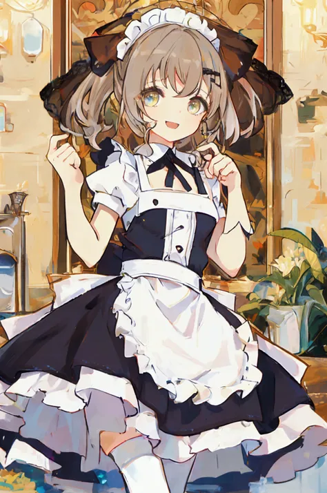 A cheerful and hardworking maid with a kind demeanor. She wears a traditional maid outfit with intricate lace details and a clean white apron. Her semi-long dark brown hair is tied into a neat low ponytail, emphasizing her tidy and composed appearance. Her...