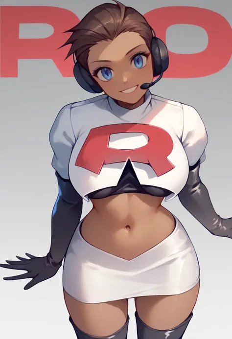 1girl, solo, Team rocket, team rocket uniform, red letter R, white skirt,white crop top,black thigh-high boots, black elbow gloves, headset, large breasts, sexy pose, smile, dark skin