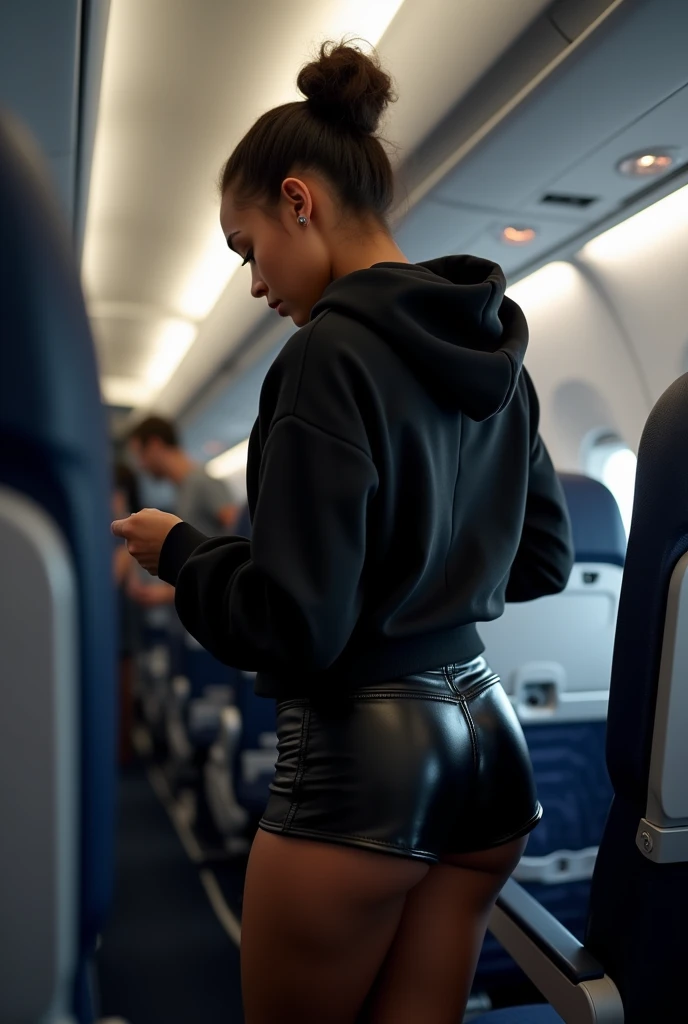 black woman hair in a bun black hoodie black leather short short bending over the seat in front of her getting something on the plane. backside view hyper realistic 8k clothe folding
