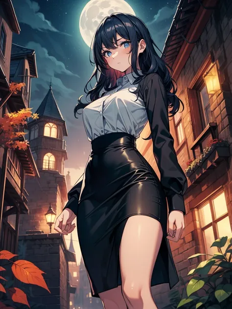 ((masterpiece, best quality:1.3, high detail)), beautiful woman, bright eyes, looking at viewer, (sleepy), tired, long wavy hair, (dark blue hair), ((white collar shirt long sleeves)), (long black pencil ((skirt))), slim body, gothic, castle, city alley, n...