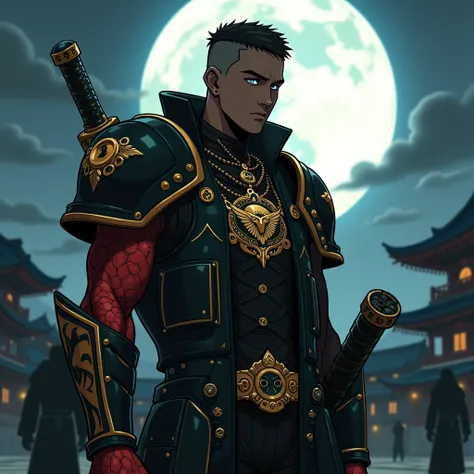 Create a full-body version of the warhammer 40k chaplain and mix his look with character Kelvin Celsius from the anime Kuro no Shoukanshi or Black Summoner, and mix his look with young dark-skinned with pendants, and moon-blue eyes, with only one of the ar...