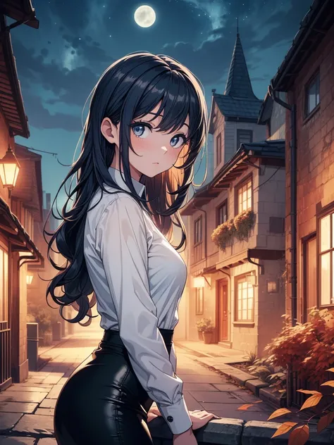 ((masterpiece, best quality:1.3, high detail)), beautiful woman, bright eyes, looking at viewer, (sleepy), tired, long wavy hair, (dark blue hair), ((white collar shirt long sleeves)), (long black pencil ((skirt))), slim body, gothic, castle, city alley, n...