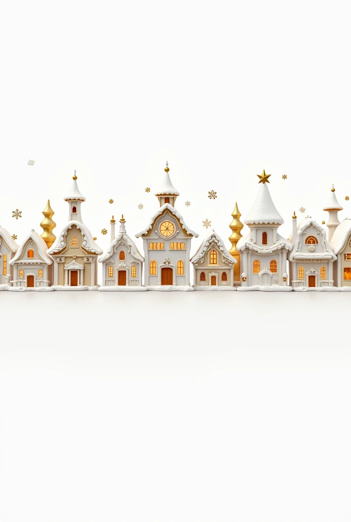 I need animated images in PNG format of white and gold Christmas houses in a horizontal line with a transparent background