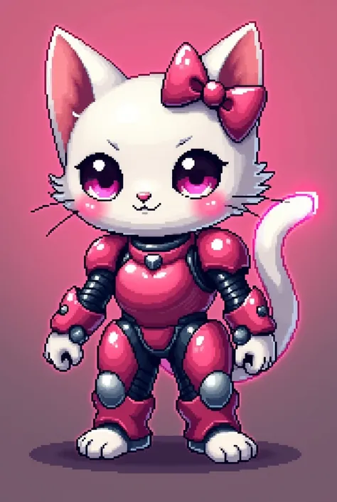 pixel art of a pink and white cat with a pink bow, shining pink armor, fuchsia skin below the armor, slick pink armor, fuchsia skin beneath the armor, fuchsia skin, crown of (pink lasers), pixel art sprite, fuschia skin, pink iconic character, sharp silver...