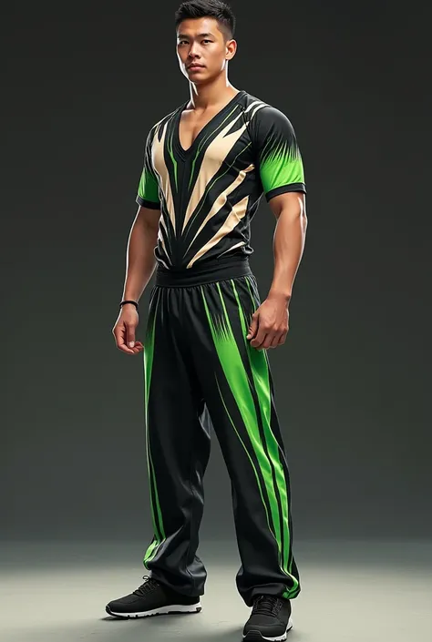 Sublimated uniform ,  long jumpsuit and short sleeve V-neck shirt for Point fighting kickboxing in black, white in stripes , beige lines , green gradient in the form of rays the one on the shirt and the jumpsuit