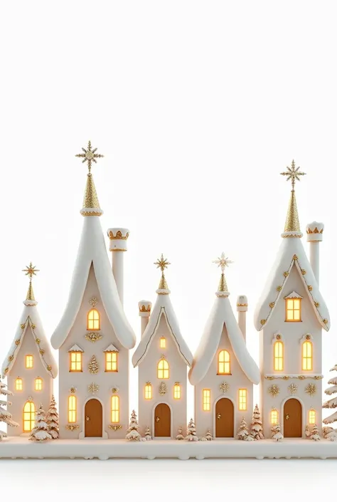 I need animated images in PNG format of white and gold Christmas houses in a horizontal line with a transparent background