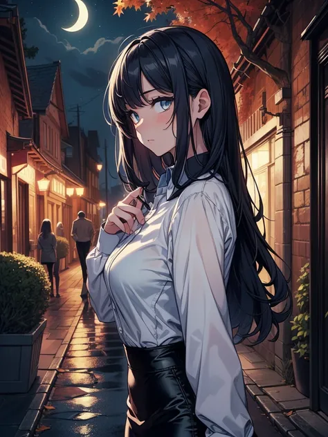 ((masterpiece, best quality:1.3, high detail)), beautiful woman, bright eyes, looking at viewer, (sleepy), tired, long wavy hair, (dark blue hair), ((white collar shirt long sleeves)), (long black pencil ((skirt))), slim body, gothic, castle, city alley, n...