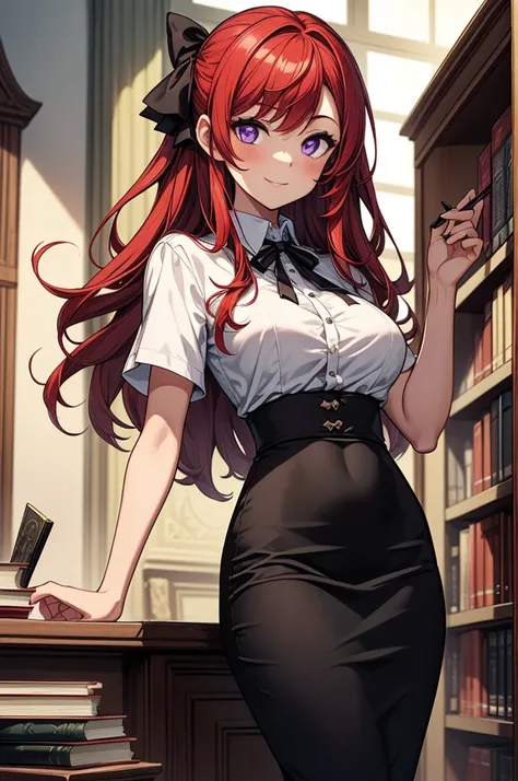 ((masterpiece, best quality:1.3, high detail)), (1girl), beautiful woman posing, bright (purple eyes), large breasts, confident, wide-eyed, smile, solo focus, long hair, (red hair), (hairpin), ((white collar shirt short sleeves)), neck ribbon, (black midi ...