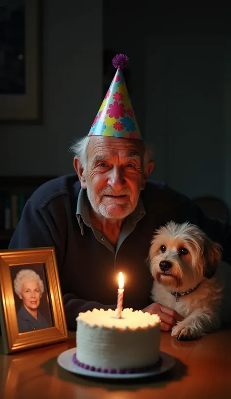 An elderly man sits WITH HIS DOG at a table, wearing a colorful party hat. His eyes are filled with tears, and a pained smile suggests a mix of sadness and nostalgia. In front of him sits a small, plain birthday cake with a single candle lit, casting a war...