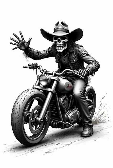 Skull with hat on motorbike biker greeting black and white drawing  
