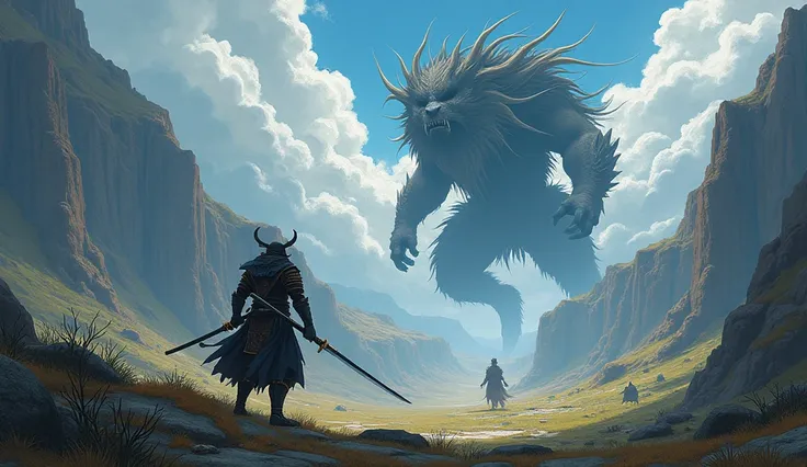 I want something like an elden ring  landscape,where there has to be  a guy in the first layer ,close to us, with a katana  thats clearly going to fight another guy in the distance ,who is backed up by an enourmous beast,in anime style 