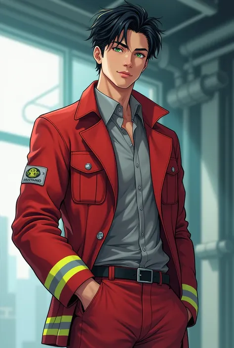  I would like .. anime..4k ... is an adult man ... with short black hair ..unfurled  ..Korean .  Verdagua eye ... high..  attractive sexy boy .. Age 26 years old physicist.  full body... full body de pie a cabeza..  full body . Rosa de de Firefighter Pero ...