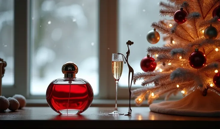 art deco dark red bottle of perfume by the small white christmas tree with rose gold ornaments, by the window watching the snowy day, art deco woman with glass of champagne wire silhouette elegant sculpture on the table
