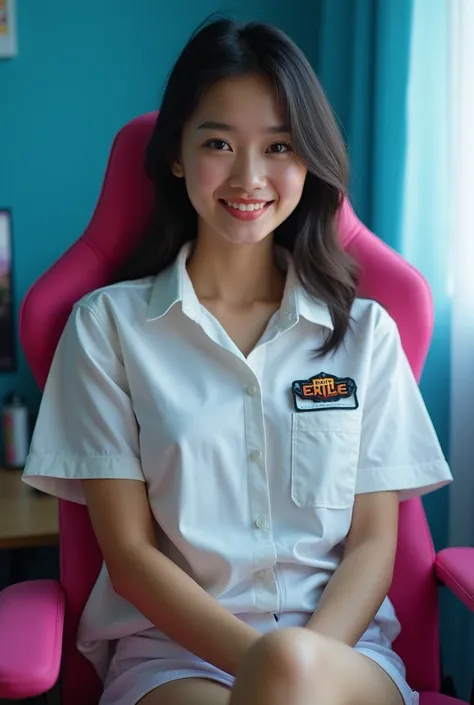 Prompt: Full length portrait of an Asian Thai woman wearing a white single breasted shirt with a screen on the shirt,Path of Exile,  shirt and shorts, smiling at the corner of a small mouth, sitting in a blue room, sitting in a pink gaming chair, natural l...