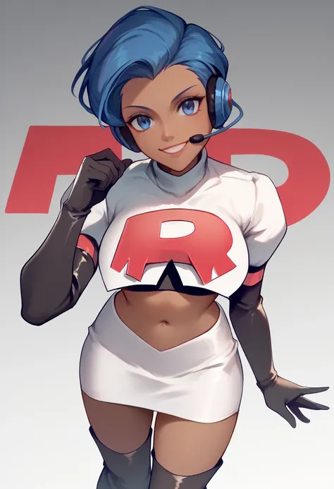 1girl, solo, Team rocket, team rocket uniform, red letter R, white skirt,white crop top,black thigh-high boots, black elbow gloves, headset, large breasts, sexy pose, smile, dark skin