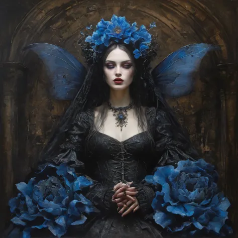 James Gurney, Surrealist art , Dreamy, Mysterious, Provocative, symbolic, Complex, detailed,, (Gothic but very beautiful:1.4), (masterpiece, Please redeem:1.4) , Nicola Samori Style, blue Flower Fairy