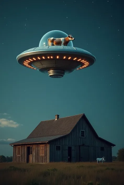  A 4k portrait of a flying saucer carrying a cow on the farm. It should be during the night in front of a barn 