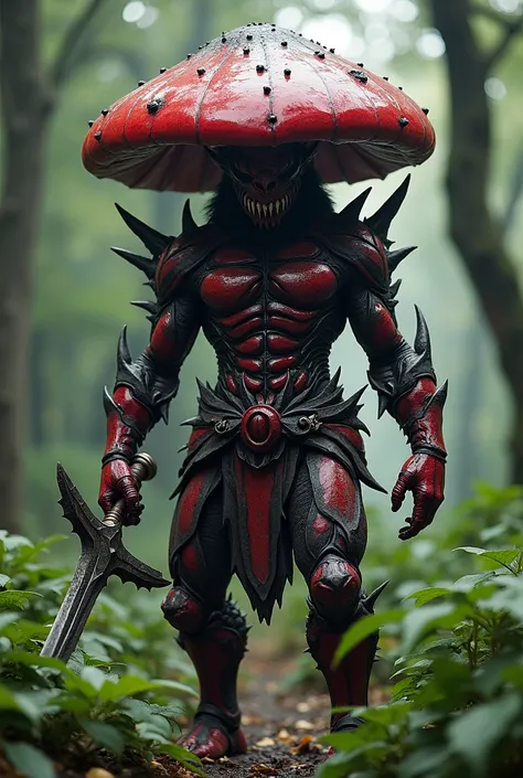 An epic, otherworldly warrior in a forest clearing, garbed in intricate red and black armor that seems to have grown organically from their body. A massive, mushroom-like crimson cap crowns their head, casting an ominous yet alluring shadow over their face...