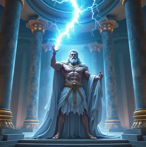 The god Zeus who is standing in front of the throne of the Kingdom of Olympus while holding a blue lightning bolt that is ready to be thrown and struck