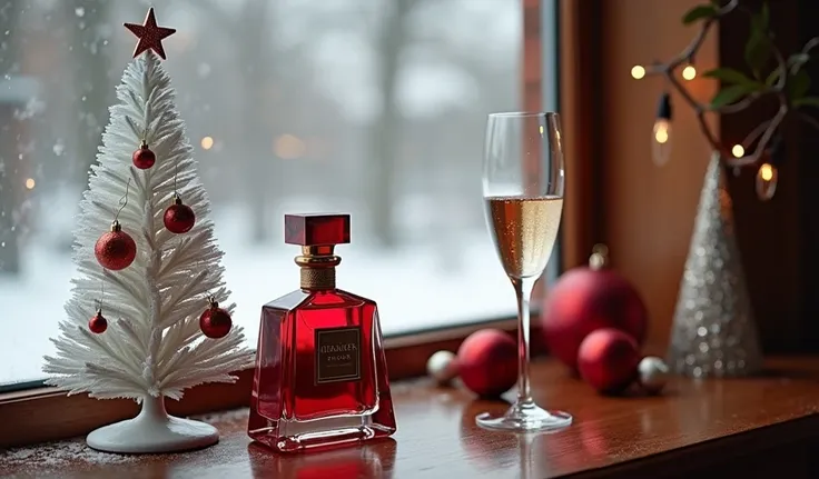 art deco burgundy red bottle of perfume by the small white christmas tree with rose gold ornaments, by the window watching the snowy day, art deco woman with glass of champagne wire sculpture on the table
