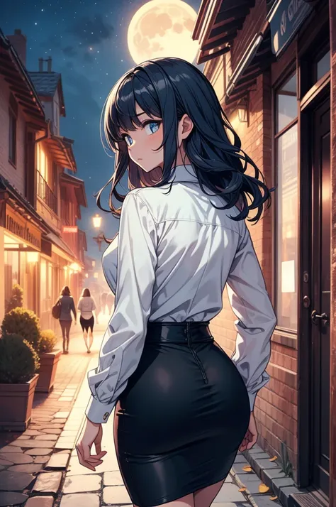 ((masterpiece, best quality:1.3, high detail)), beautiful woman walking, view from behind, looking to the side, bright eyes, (sleepy), tired, long wavy hair, (dark blue hair), ((white collar shirt long sleeves)), (long black pencil ((skirt))), slim body, g...