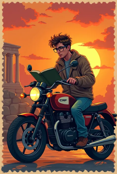  lenses Creates an image of a stamp , redondo, Of a 25-year-old boy with glasses,  with a laurel wreath ,  reading a book,  that is accompanied by his motorcycle crf and in the background a sunset and a Greek temple.