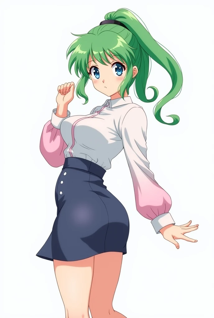 Create an anime character woman with green hair and big boobs and blue eyes and a white shirt with pink sleeves and a bluish black skirt and a black shoe with a white background 