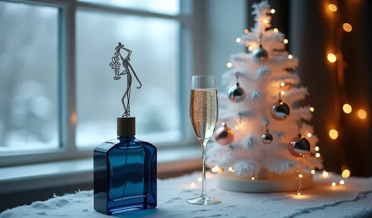 art deco navy blue bottle of perfume by the small white christmas tree with rose gold ornaments, by the window watching the snowy day, art deco woman with glass of champagne wire sculpture on the table
