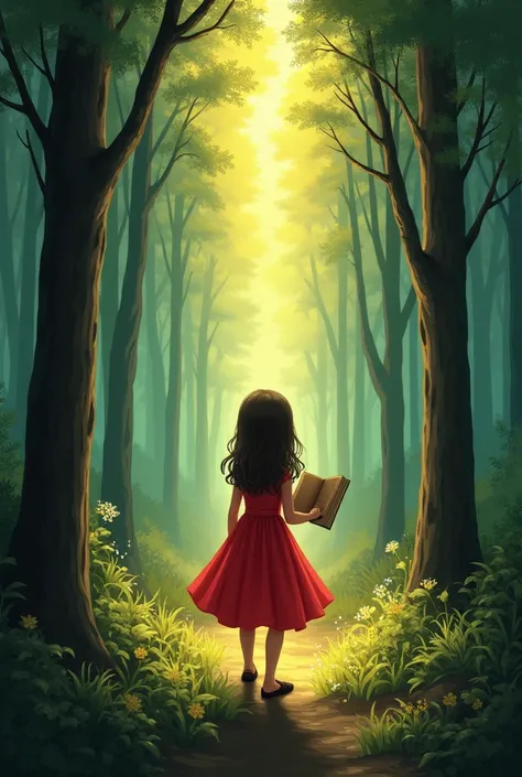 A girl in a red dress ,  finds a book in the clearing of a forest and lifts it carefully, and when she opened it ,  a bright light completely enveloped her . (This with an illustration of a story not in human form )