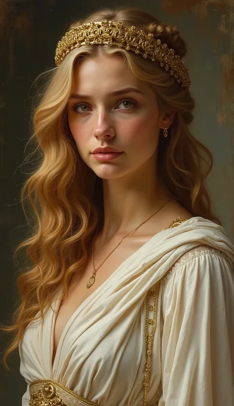 We see a detailed and effective Greek/Roman portrait of a woman. It depicts a female figure with wavy, sun-kissed golden hair, deep-set eyes and strong facial features. She is wearing a crown or headdress with gold ornaments and a white drapery. The painti...