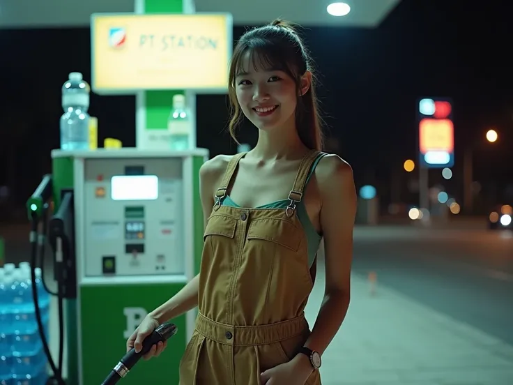 A young thai woman body shape with long, cheerful expression, standing at a gas station pump during nighttime. She is holding a fuel nozzle in one hand while smiling brightly. She has her hair tied back into a neat ponytail and is dressed She is wearing ov...