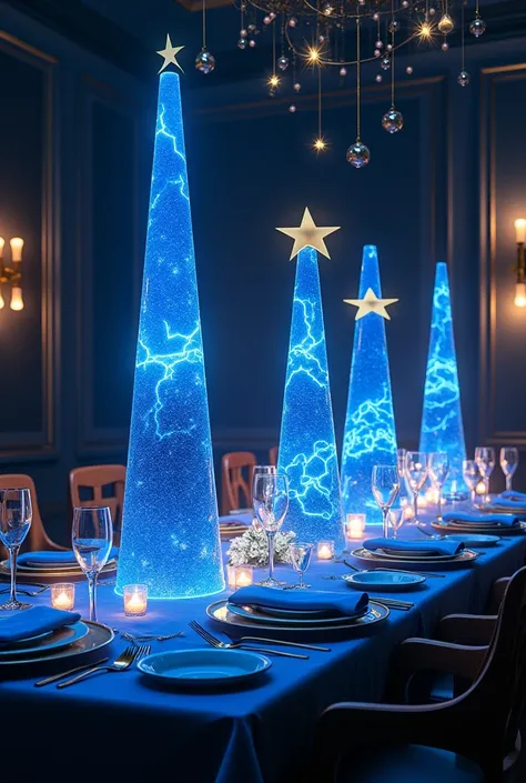  Create an image that a Christmas dinner where you cant see people ,  just the Christmas table with centerpieces in the shape of electric towers and stars, all in royal blue and gold colors  