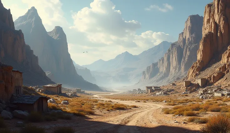 apocalyptic landscape with mountains and sparse vegetation, with buildings far away 