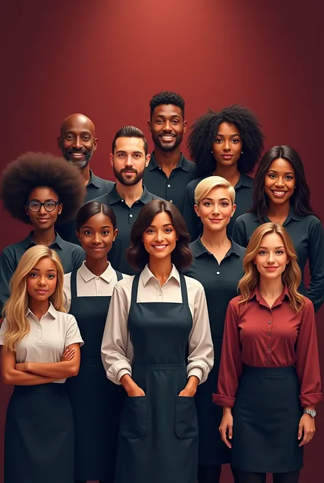 Make me one of the Innovare restaurant team containing 10 people with different skin tones, With the background of the restaurant in the color wine red  