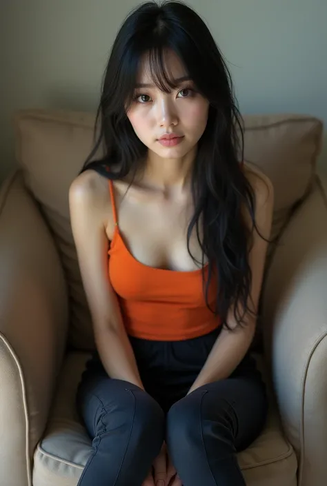 a realistic photo of A short japanese woman with black long hair. Wearing an orange tank top and Tight black ribbed leggings. navy blue boots. sitting on couch