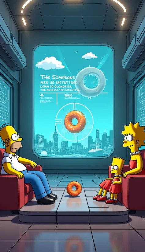 " The Simpsons are gathered in an advanced version of the living room of their house ,  with floating furniture and a huge holographic screen showing news about future events. Homer seems relaxed ,  eating a shiny donut that floats beside them ,  while Lis...