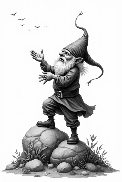 Illustration in engraving style of a serious gnome standing with one foot resting on a rock, looking at the sky with a triumphant attitude, it should not have a ish style and has to transmit strength. linear black over white